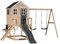 Wendi Toys M28G-K Gartenspielhaus für Kinder mit Doppelschaukel, Klettergerüst & Wasserspielküche, FSC Holz, Grau, 330 x 405 x 242 cm – Perfektes Kinderspielhaus für Gartenaktivitäten
