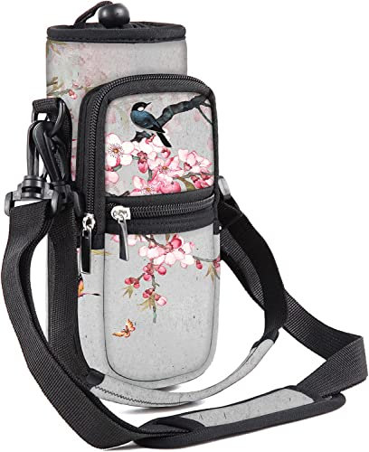 Mibbxea 25oz Wasserflaschenhalter-Tragetasche – Isolierte Umhänge-Slingtasche mit Gurt und Fächern für Herren und Damen Fitnessstudio Reisen Camping Radfahren Wandern Laufen (Graue,Rosa Blumen&Vogel)