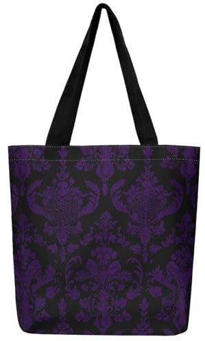 Loussiesd Lila Schwarz Vintage Damast Floral Stofftasche Geschenke Gothic Böhmen Floral Leinwand Einkaufstasche Oriental Antik Tragetasche Luxus Handtasche für Shopping Gym