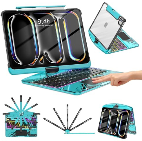 TSQQST Funda transparente con teclado inalámbrico para iPad Pro de 11 pulgadas (M4) 2024 con soporte para lápices y trackpad multitáctil, PCB visible, 3 brillos y retroiluminación de 7 colores