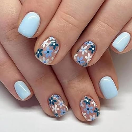 24Pcs French Tip False Nails, Short Square Blue Flowers Press on Nails with Elegant Design, Spring Summer Cute Floral Acrylic Full Cover Stick on Nails for Women and Girls Manicure Decoration