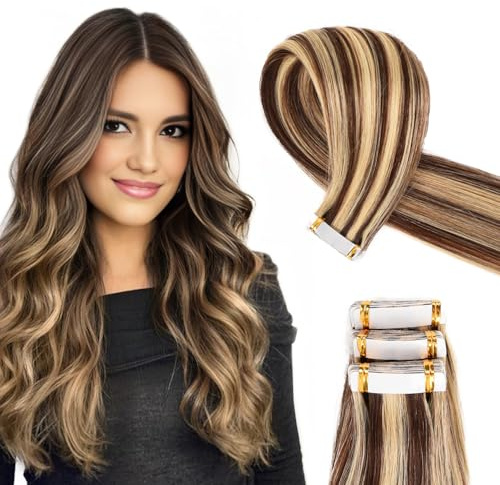 Originea Tape In Extensions Echthaar, 20 Pieces, 40g, 35cm, Medium Brown Mix Light Brown Extensions Echthaar, Real Hair, Invisible Tape Extensions, Silky Skin Weft Tape Ins #P4/27
