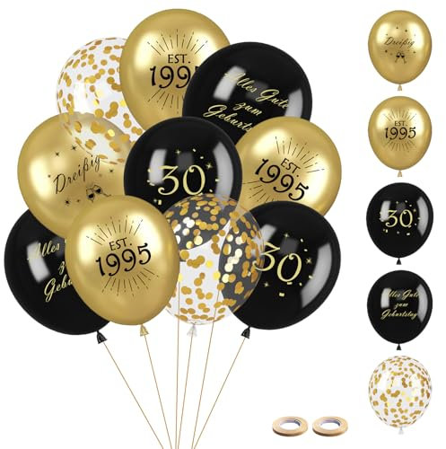 30 Stück Luftballons 30.Geburtstag Deko - Luftballons Schwarz Gold Deko für Mann Frau - Latex Druck Ballons, Konfetti Luftballons für Birthday Party Geburtstagsdeko (Schwarz Gold, 30)