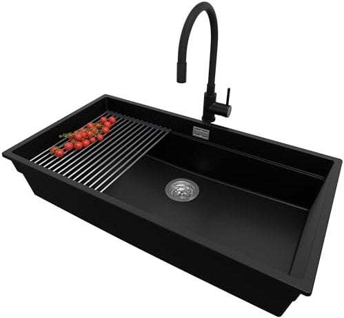 PRIMAGRAN Lavandino da Cucina Nero 86x47cm, Lavello in Granito a 1 vasca + Rubinetto 40x38cm + Set di accessori, Lavabo Incasso al mobile 90cm - Prague Slim S326