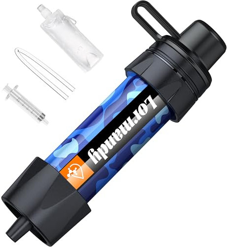 Wasserfilter Outdoor - Trinkwasserfilter für 5000 Liter gefiltertes Wasser - Karabiner und Verlängerungshalm,Trinkwasseraufbereitung die 99,99% aller Keime und Bakterien abtötet,Blau