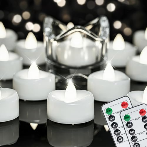 merrynights 24Pcs Remote Control LED Tea Lights,2/4/6/8H Timer,400+Hours | Flameless Tealight Candles Battery Operated with Timer,Flickering Votive Candles for Halloween Wedding Home,Cool White Light