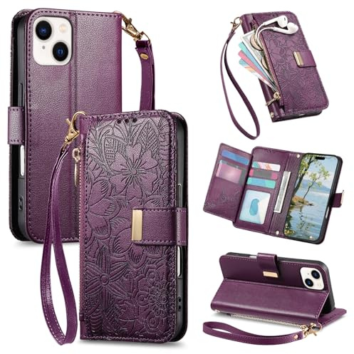 VEEMOS Handyhülle für Apple iPhone 15 Hülle Klappbar Leder Klapphülle mit Reißverschluss Kartenfächern Ständer Band Blumen Prägung Schutzhülle Damen Wallet Flip Case - Lila