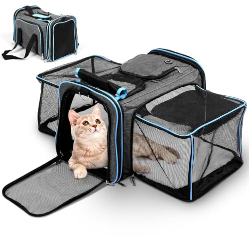 Erweiterbar Katzenrucksack - Hunderucksack bis 15kg, Faltbare Katzen Rucksack für Katzen Hunde mit Innerer Sicherheitsleine und Haustiermatte Katzen Transport Tasche max