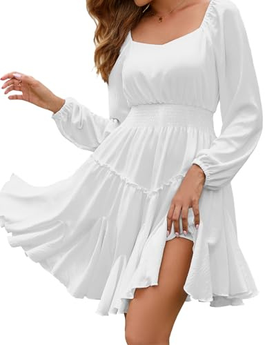 Beluring Minikleid Damen Elegant Langarm Kleider A-Linie Square Neck Tunika Kleid Hochzeitsgast Partykleid Weiß L