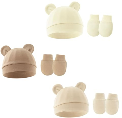 Tokaneit Bonnets de Naissance et Moufles Applicable de 0 à 6 Mois Taille Unique 3 Ensembles Ensemble de Mitaines de Chapeau,Bonnet Tricoté et Mignon pour Les Tout-Petits,pour Bébé Garçon et Fille