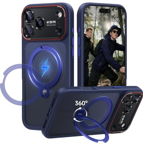 Peerock 360° Drehbarer Magnetischer Ständer für iPhone 17 Pro Max Hülle [Pro-Version Kameraschutz] [18FT Militärschutz] Stoßfeste Kratzfeste Handyhülle Transluzente Matt Case 6,9, Titanblau