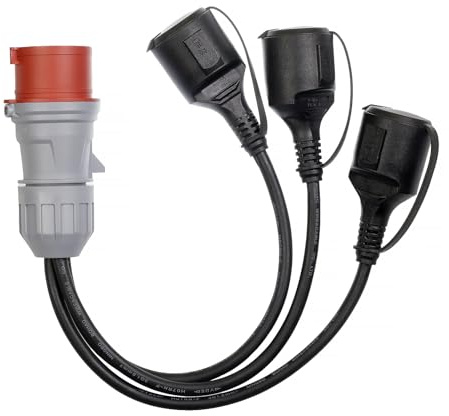 CEE Starkstrom Stromverteiler 16A 400V 3-Phasen auf 3X 230V Schuko | Symmetrische Lastverteilung (3x 3,68kW), H07RN-F Gummileitung, IP44, Für Baustelle, Werkstatt & Camping