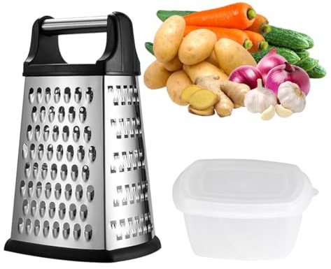 4-Sided Cheese Grater with Container, Kitchen Functions for Coarse, Medium, Fine, Micro-Grating, Slicing, Hand Held for Fruit Vegetables CheeseSlicer Food Shredder Includes Detachable Fitted Tub