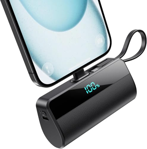 Mini Portable Charger for iPhone, 5500mAh Power Bank with Built in USB C Charging Port, 20W PD Fast Charging Battery Pack with 2 Output Compatible with iPhone 17/16/15/14/13/12/11 Series Samsung-Black