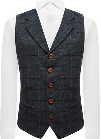 Gilet bleu égéen à carreaux avec revers en tweed - Bleu - X-Large