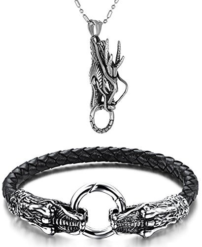 Aroncent Drache Armband Halskette Anhänger: Herren Kette Lederarmband Vintage Punk Armreif Leder Wickelarmband Edelstahl Armband Halskette Anhänger Panzerarmband Schwarz