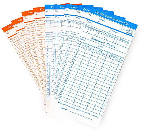 Flexzion Stempelkarten Karten für Stempeluhr Anwesenheitsrecorder, Stechuhr Karten Zeitkarten-Organizer für Büro Aufbewahrungszubehör Zeiterfassung Anwesenheitsnachweis, orange blaue Karte (100 Stück)