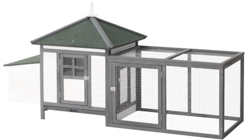 PawHut Poulailler Cottage Multi-Équipement Perchoir 196x76x97cm Gris Blanc | Perchoir, Rampe, Pondoir, Enclos, Tiroir à Déjection, Bois Massif Pin