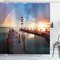 ABAKUHAUS Leuchtturm Duschvorhang, Wolken Sonnenuntergang am Meer, Stoffliches Gewebe Badezimmerdekorationsset mit Haken, 175 x 220 cm, Lila Blau Teal