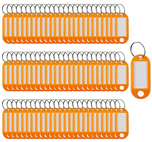 Lot de 100 étiquettes porte-clés en plastique avec anneau fendu Orange