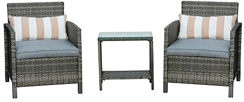 Outsunny 3 Pieces Rattan Bistro Set, Wicker Garden Furniture Set, Glass Top 2-tier Coffee Table and Chairs Set with Pillows and Washable Cushions for Outdoor, Patio, Balcony, Grey