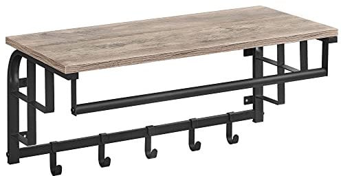 VASAGLE Coat Rack Wall-Mounted, Clothes Rail with 5 Removable Coat Hooks, Floating Shelf with Hanging Rail, for Hallway, Bedroom, Living Room, Greige and Black LCR012B02