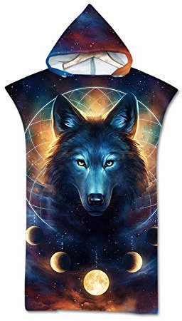 Treer Badeponcho Strandtuch Erwachsene, Handtuch mit Kapuze Poncho Strand Strandtücher Schnelltrockend Bademantel Badetuch Duschtücher für Herren Damen (75x110cm,Mond Wolf)