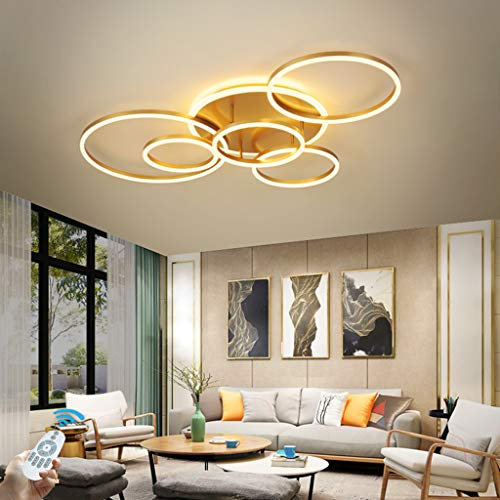 HYKISS LED-Deckenleuchte 86W Modern Dimmbar 6 Ringe Deckenlampe Metall-Acryl Runde Kronleuchter Wohnzimmer Küche Schlafzimmer Büro Kinderzimmer Lampe Beleuchtung,Mit Fernbedienung,Ø115CM,Gold
