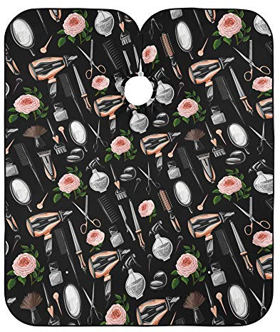 ALAZA Rose Flower Hairdresser Tools Print Black Waterproof Barber Cape for Men Women Beard Shaving Bib Apron Professional Hair Cutting Cloth, 65 x 55 inch