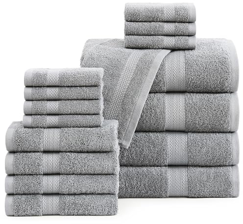 LANE LINEN 100% Cotton Turkish Towel Set for Bathroom - 16 Piece - Super Soft, Quick Dry & Highly Absorbent - 4 Bath, 8 Wash cloths, 4 Hand Towels - Hotel Quality, Durable & OEKO-TEX Certified - Grey
