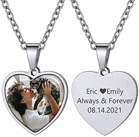 GoldChic Pendentif Porte Photo Collier Plaque Coeur Gravure Femme Argent 925 Prénom Personnalisé Chaine Spiga Fille Acier Inoxydable Médaillon Argenté Bijoux Cadeau Noël Valentin Fête Mères Pères