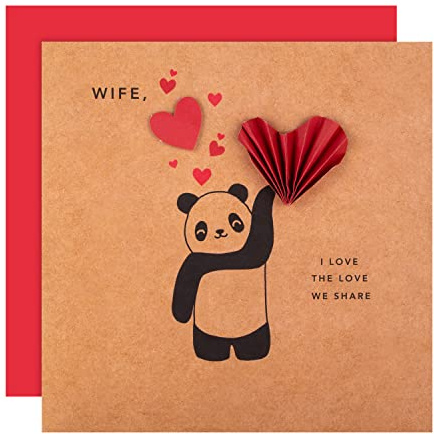 Hallmark Valentines Day Card For Wife, Brown Panda & Red Heart Design | Measures 19.8 Cm X 19.8 Cm, Playful Illustration, Fully Recyclable, Panda Bear & Red Heart Design, Includes Red Envelope