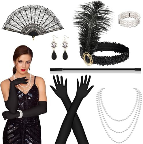 Orifinter 9-Teiliges Gatsby Accessoires Set - 20er Jahre Kleid Zubehör, Charleston Kostüm Mit Federboa - Perfekt für Damen
