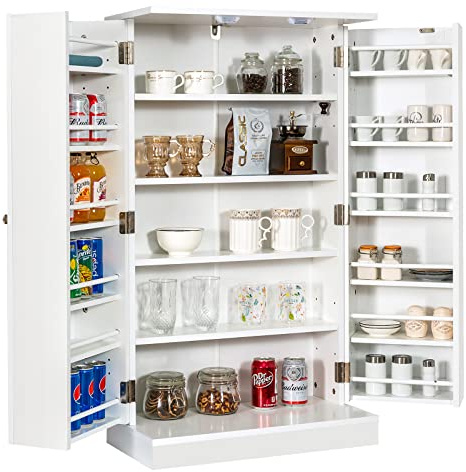 COSTWAY Alacena de Cocina con 2 Puertas, Aparador Cocina con 17 Compartimentos Interior y 6 Estantes Ajustables de 3 Niveles, Muebles de Salon de Madera con Diseño Antivuelco, 59x30,5x103 cm (Blanco)