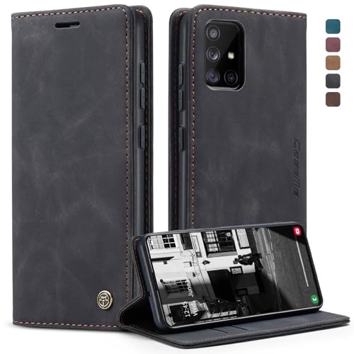 CaseMe Hülle für Samsung Galaxy A51 4G/M40S Vintage Dünne Handyhülle mit Kartenfach Geld Slot Ständer PU Ledertasche Flip Schutzhülle für Samsung Galaxy A51 4G/M40S- Schwarz