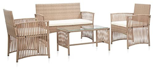 Festnight Juego de Muebles de Jardín de Ratán, 4 Piezas, Conjunto Jardin Exterior con Cojines,Muebles de Mimbre para Patio, 2 Sillones, 1 Sofá y 1 Mesa Tablero Cristal,Incluye Cojines(Beige)