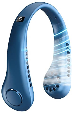 Nackenventilator, Tragbarer Hals Ventilator, 3000mah USB Halsventilator Leise Neck Fan Halsventilatoren Akku mit 5 Geschwindigkeiten, Persönlicher Ventilator für Urlaub Reisen Sport Draußen (Blau+)
