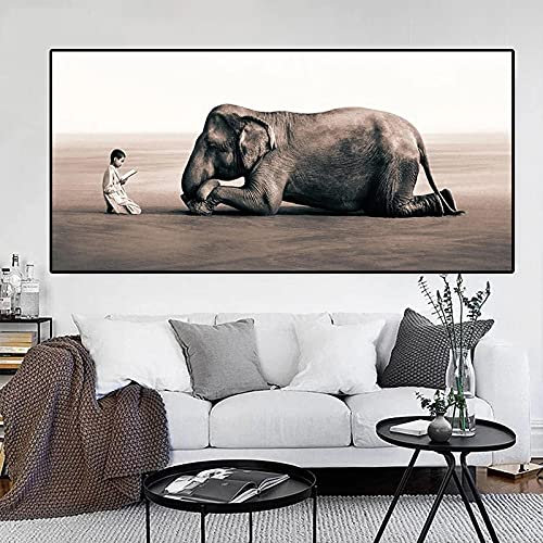 KADING Modernes abstraktes Gemälde auf Leinwand, Elefant, lesender Junge, der sich voreinander verbeugt, Posterdruck, implizites Wandkunstbild, Wohnkultur, 40 x 82 cm (16 x 32 Zoll) mit Rahmen