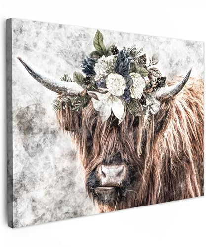 MuchoWow Leinwand Bilder, Einzigartige Wanddeko mit Rahmen, Schottischer Hochländer - Rauch - Flora, Wandbilder Wohnzimmer, Deko Schlafzimmer 120x90 cm