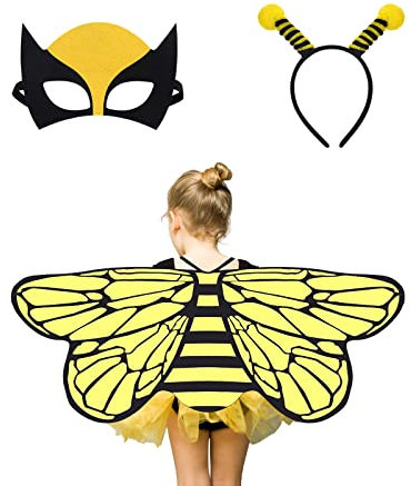 Aomig Déguisement d'abeille pour Enfant, 3Pcs Ensemble de Déguisements d'abeilles, Costume d'abeille avec Ailes, Bandeau d'antenne, Masque pour Les Yeux, Noël Halloween Mascarade Fête Cosplay