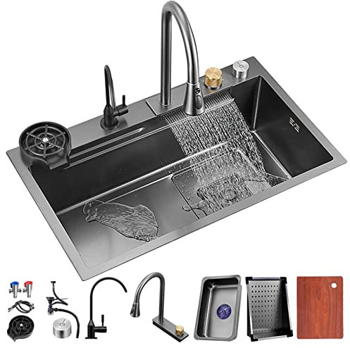 Küchenspüle, 304 Edelstahl, Nano-Raindance, Wasserfall-Spüle, Heimspüle, Gemüsebecken, Einzelspüle, Workstation, Küchenspüle mit ausziehbarem Wasserhahn, unter Druck stehende Tassenwaschmaschine (75 x