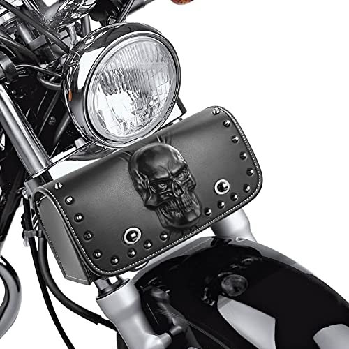 YHTIMIOX Universal Motorrad 3D Skull Tool SaddleBags Front Fork Handlebar Bag PU Leder Sissybar Aufbewahrungstasche Kompatibel mit Harley Dyna Scooter Softail Sportster Road King Honda Kawasaki Suzuki