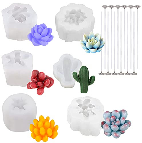 6Pcs Molde de Silicona para Velas, Moldes Velas en Forma de Suculento, Moldes para Velas resina 3D con Mechas Moldes para Hacer Velas a mano para Hacer Velas, JabóN Hecho A Mano, Velas Perfumadas