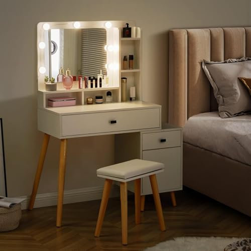 CLIPOP Schminktisch mit Hollywood LED Spiegel,Licht Verstellbare Helligkeit,Frisiertisch Gepolsterter Hocker Set Weiß,Kosmetiktisch aus Holz mit Schublade und Aufbewahrungsschrank
