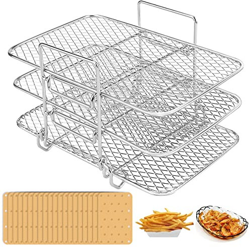 Beenle-Icey Air Fryer Rack with 50 Liners Sheets for Ninja Multi-Layer Double Basket Accessories 304 Stainless Steel Grilling Toast Cooking Oven Microwave Roasting (E)