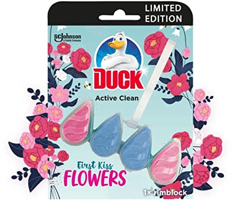 Duck Active Clean Toilet Rim Block, Foaming Toilet Bowl Cleaner, Long-lasting Fragrance, First Kiss Flowers, 38.6g