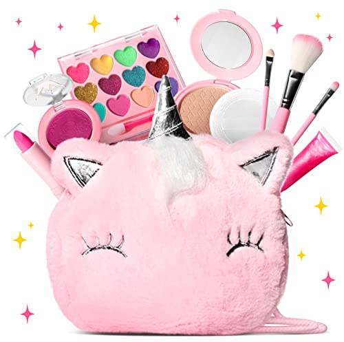 ULOVEME Mica-Based Kids Makeup, Talc Free Real Makeup Kit for Girls with Fluffy Purse - Hypoallergenic Makeup for Sensitive Skin Kids - Non Toxic & Washable - Gift for 5 -8 Years Old Girls Birthday