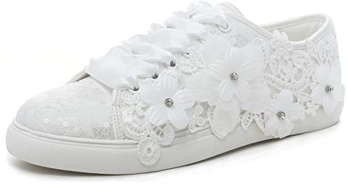 Elivandon 16054 Hochzeitsschuhe Braut Turnschuhe Wohnungen Braut Tennisschuhe Spitze Turnschuhe Farbe Elfenbein,Größe 42 EU (8 UK)