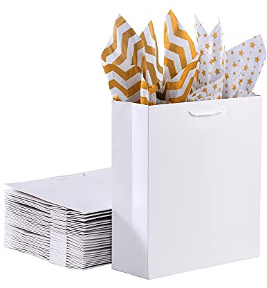 OfficeCastle 4 Pcs White Paper Bags with Tissue Paper | 8x4x11in/20x10x28 cm, Medium Gift Bags, White Gift Bags with Handles