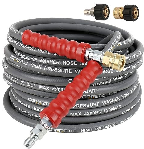Corretic 3/8 Pressure Washer Hose for Cold and Hot Water, 4200psi Power Washer Hose with Kink Free Swivel Quick Connect, Steel Wire Braided & Synthetic Rubber Jacket, 2 M22 14mm Adapter Set, 50FT